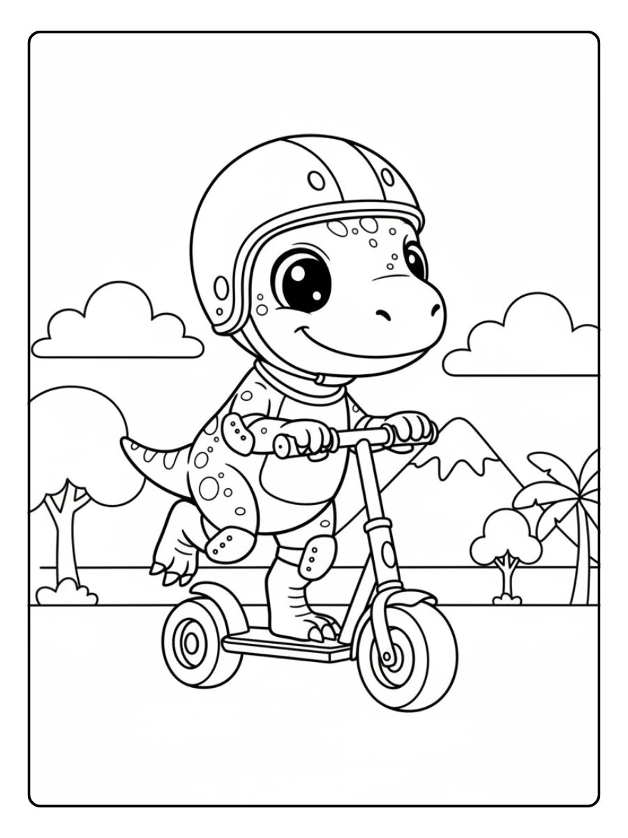 Cute Dinosaur Coloring Pages – Baby Velociraptor Riding a Scooter