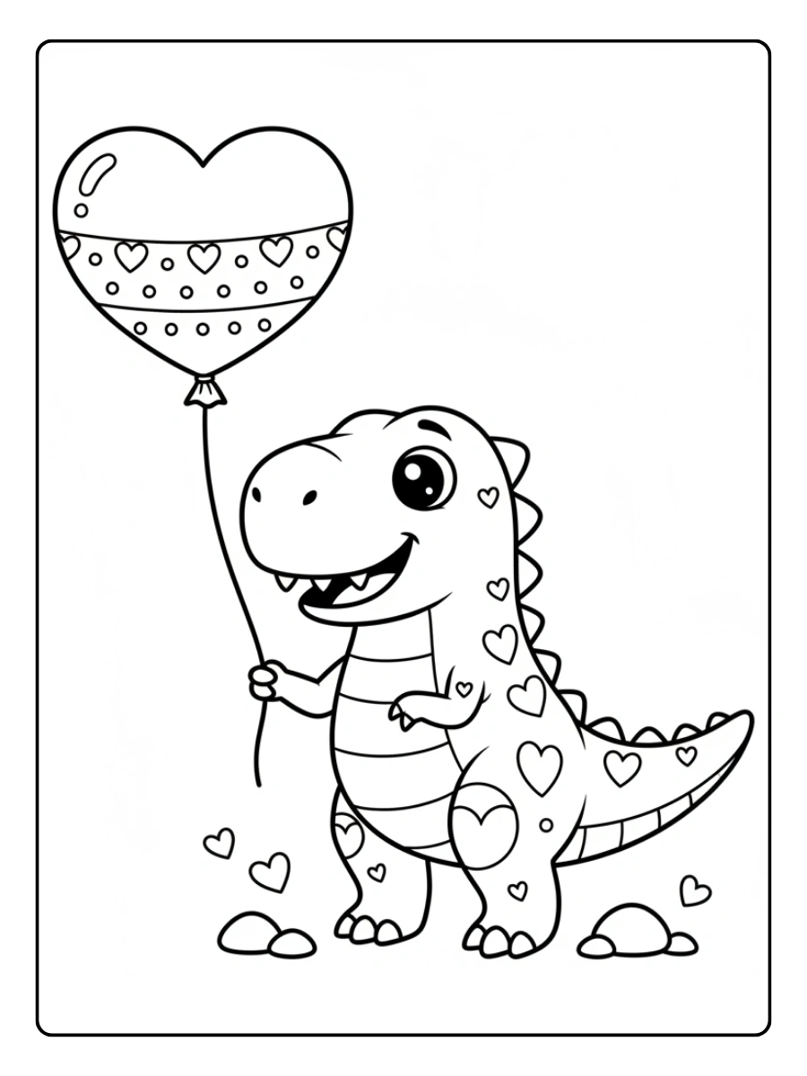Cute Dinosaur Coloring Pages – Dinosaur Valentine with Heart Balloon