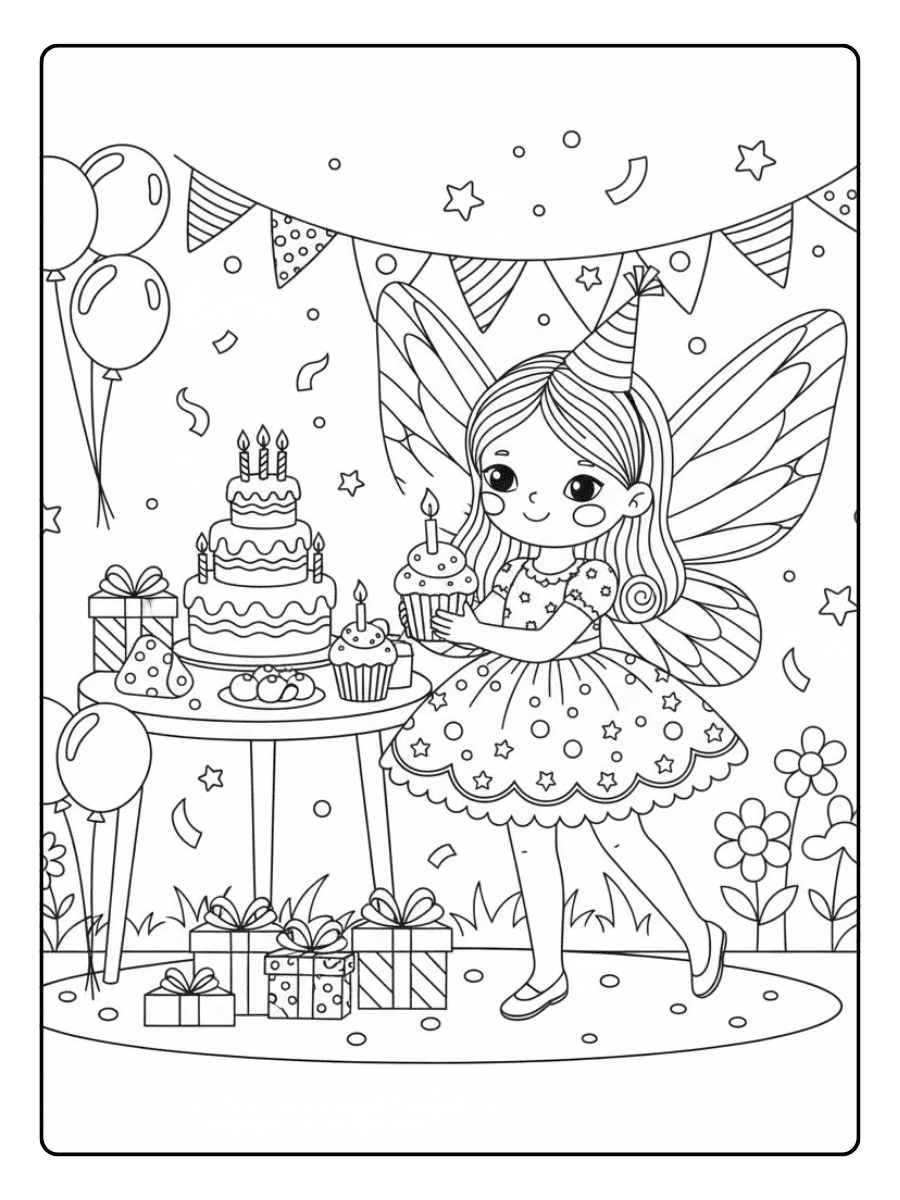 Cute Fairy Coloring Pages – Fairy Celebrating Birthday
