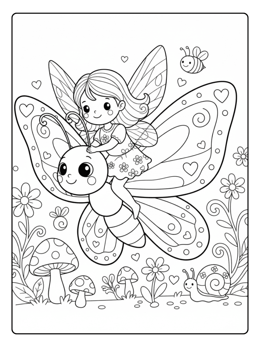 Cute Fairy Coloring Pages – Fairy Riding a Butterfly