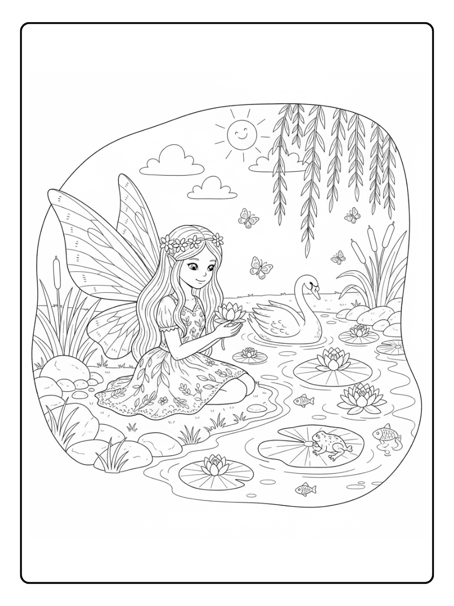 Cute Fairy Coloring Pages – Fairy Sitting by a Pond