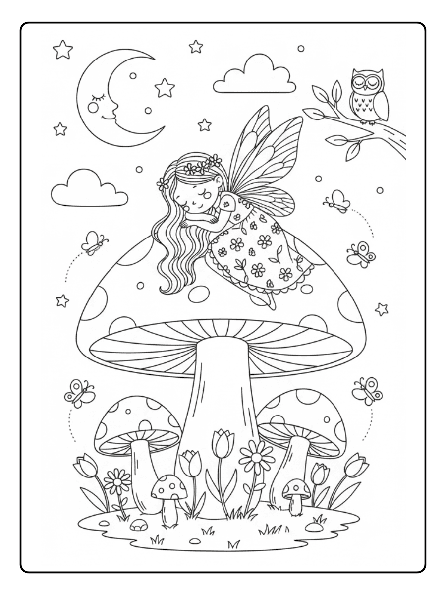 Cute Fairy Coloring Pages – Fairy Sleeping on Mushroom