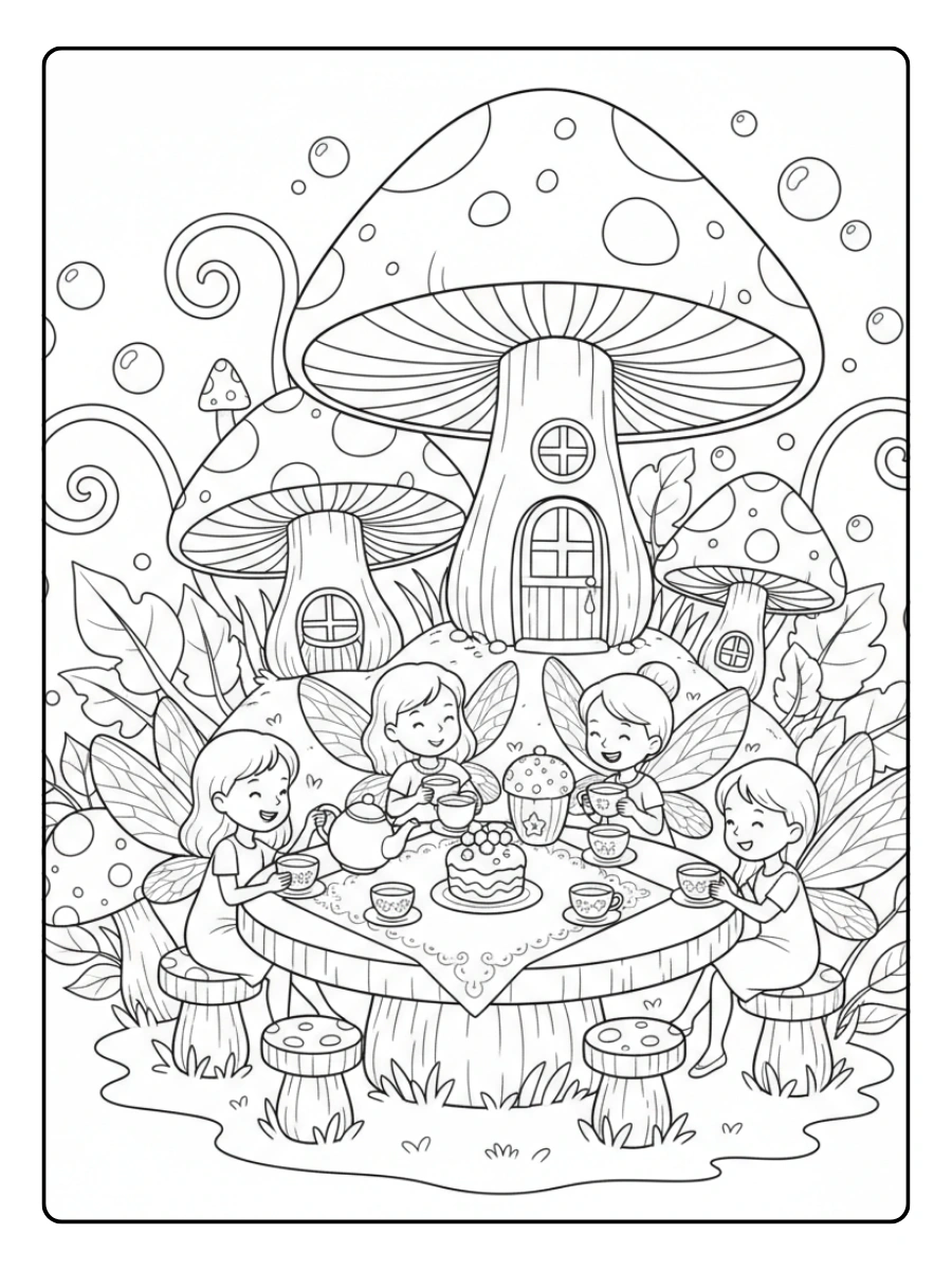 Cute Fairy Coloring Pages – Fairy Tea Party Among Mushrooms