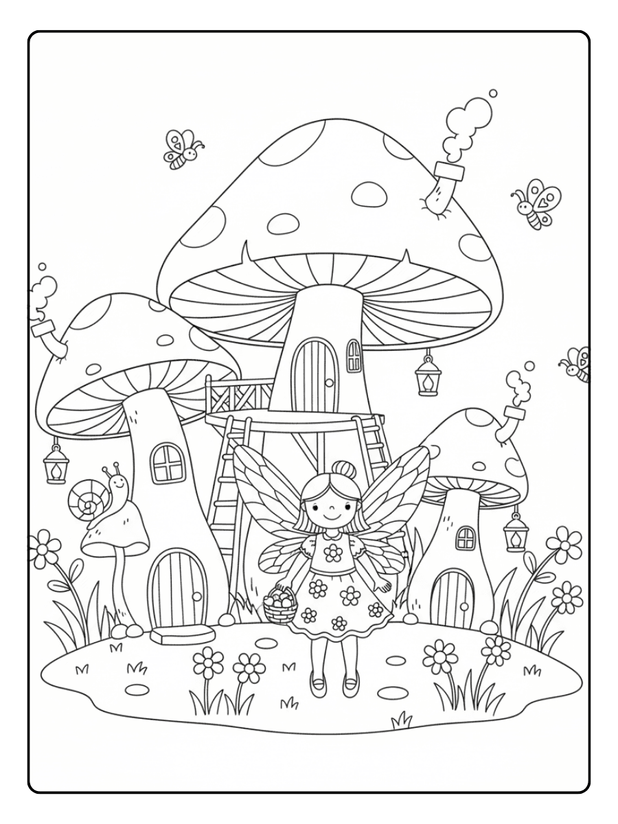 Cute Fairy Coloring Pages – Fairy in Mushroom Village