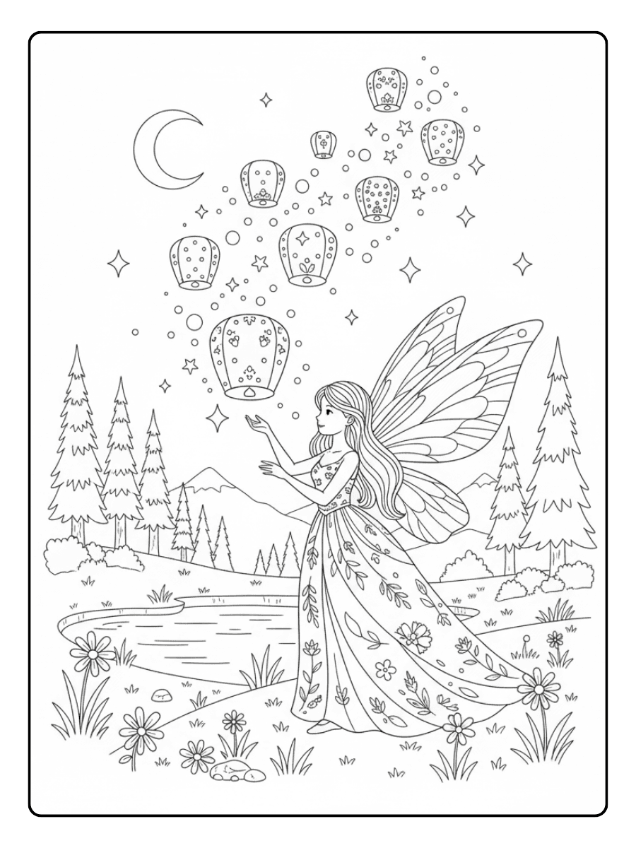 Cute Fairy Coloring Pages – Fairy with Floating Lanterns