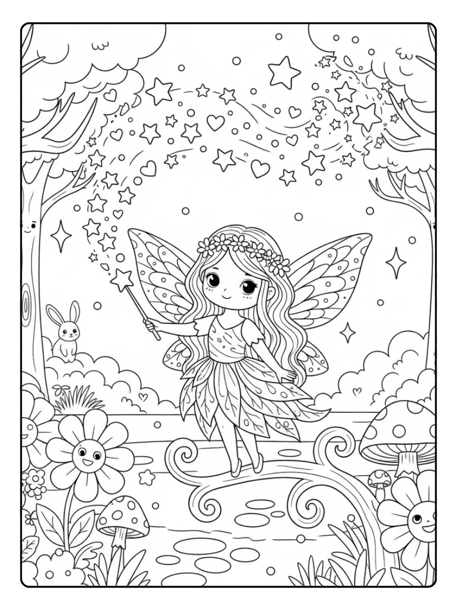 Cute Fairy Coloring Pages – Fairy with Magic Stars