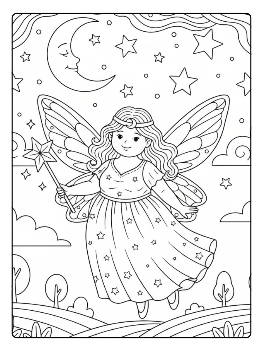 Cute Fairy Coloring Pages – Star Wand Fairy Under Moonlight