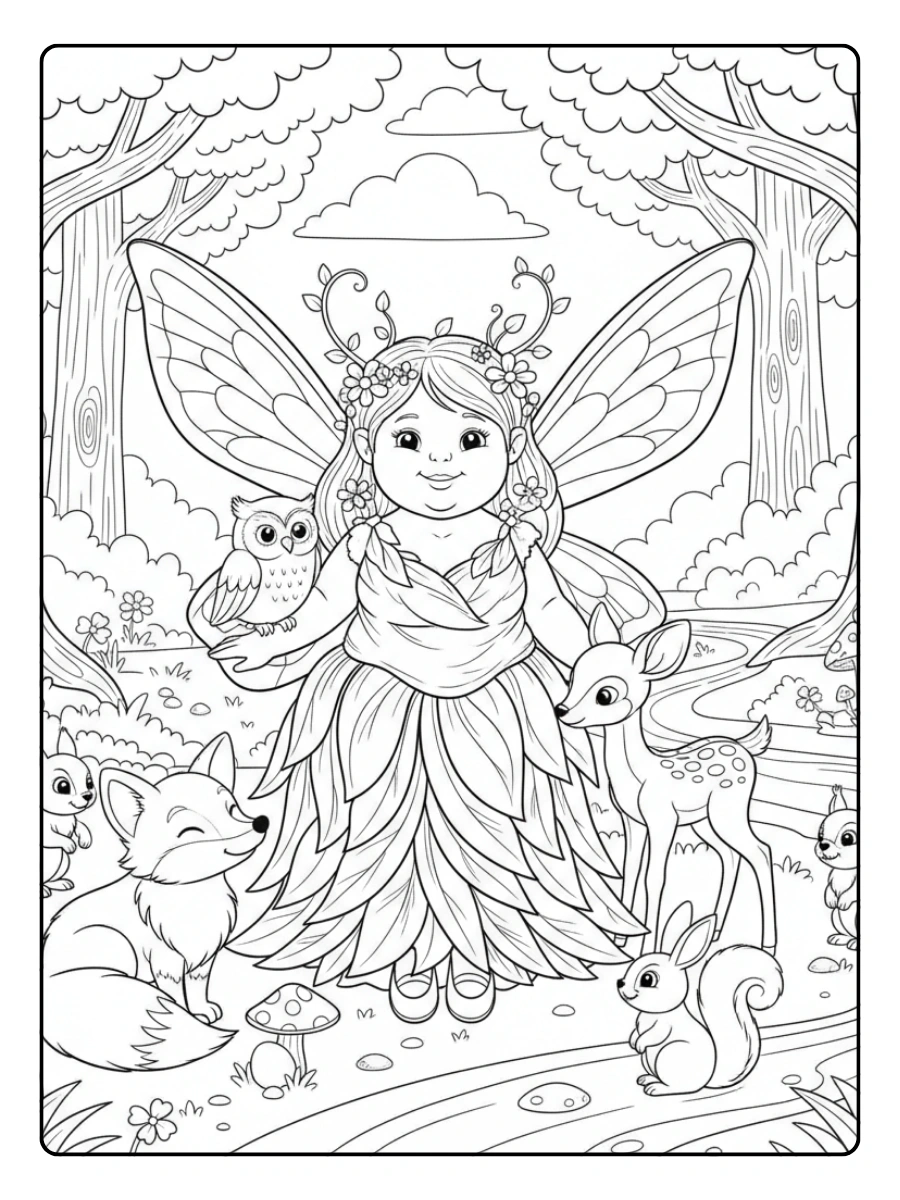 Cute Fairy Coloring Pages – Woodland Fairy with Animal Friends