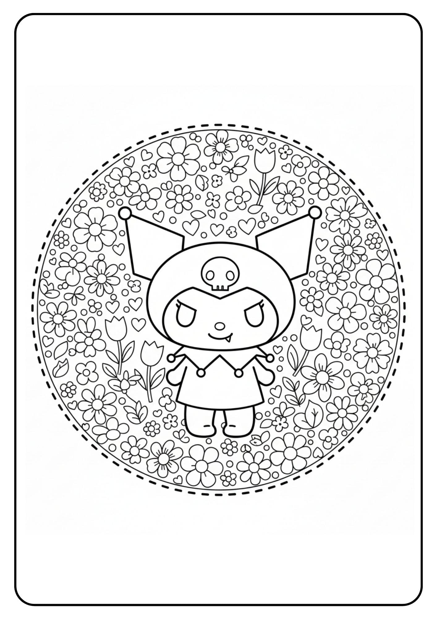 Cute Kuromi Coloring Page Flowers