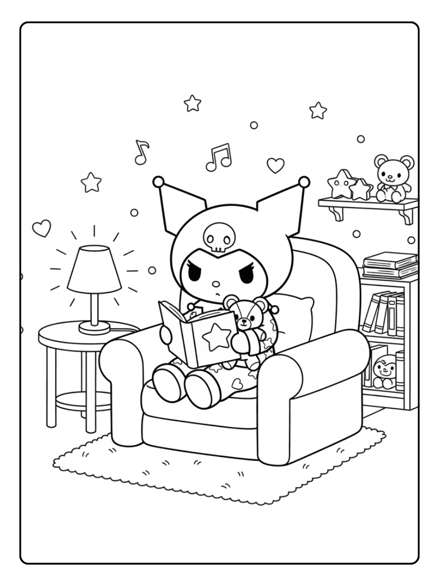 Cute Kuromi Coloring Pages – Kuromi Reading a Book