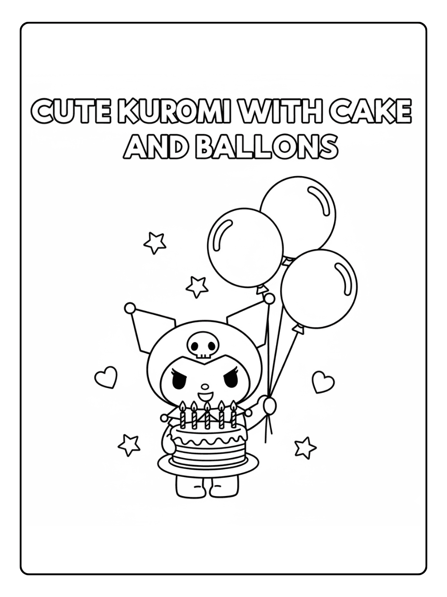 Cute Kuromi Coloring Pages – Kuromi with Cake and Balloons