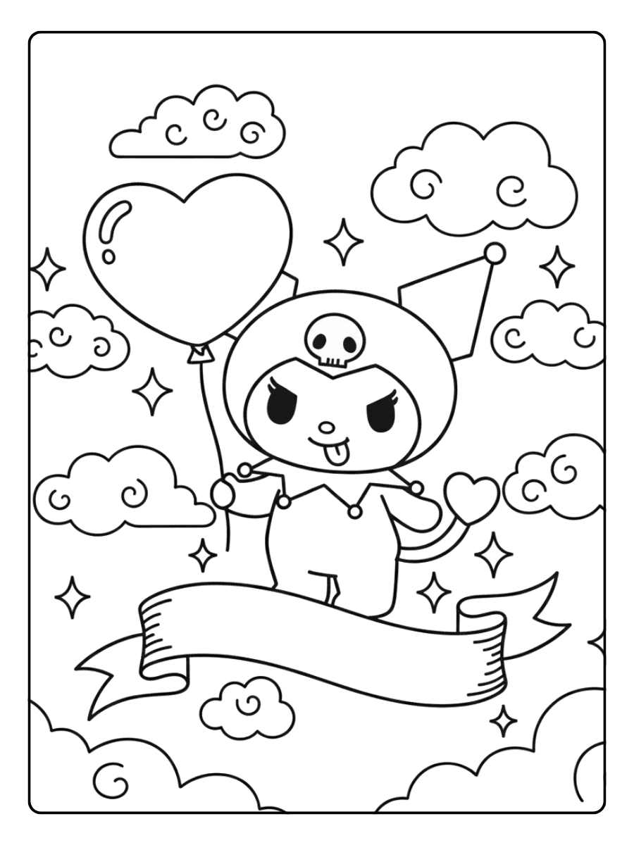 Cute Kuromi Coloring Pages – Kuromi with Clouds