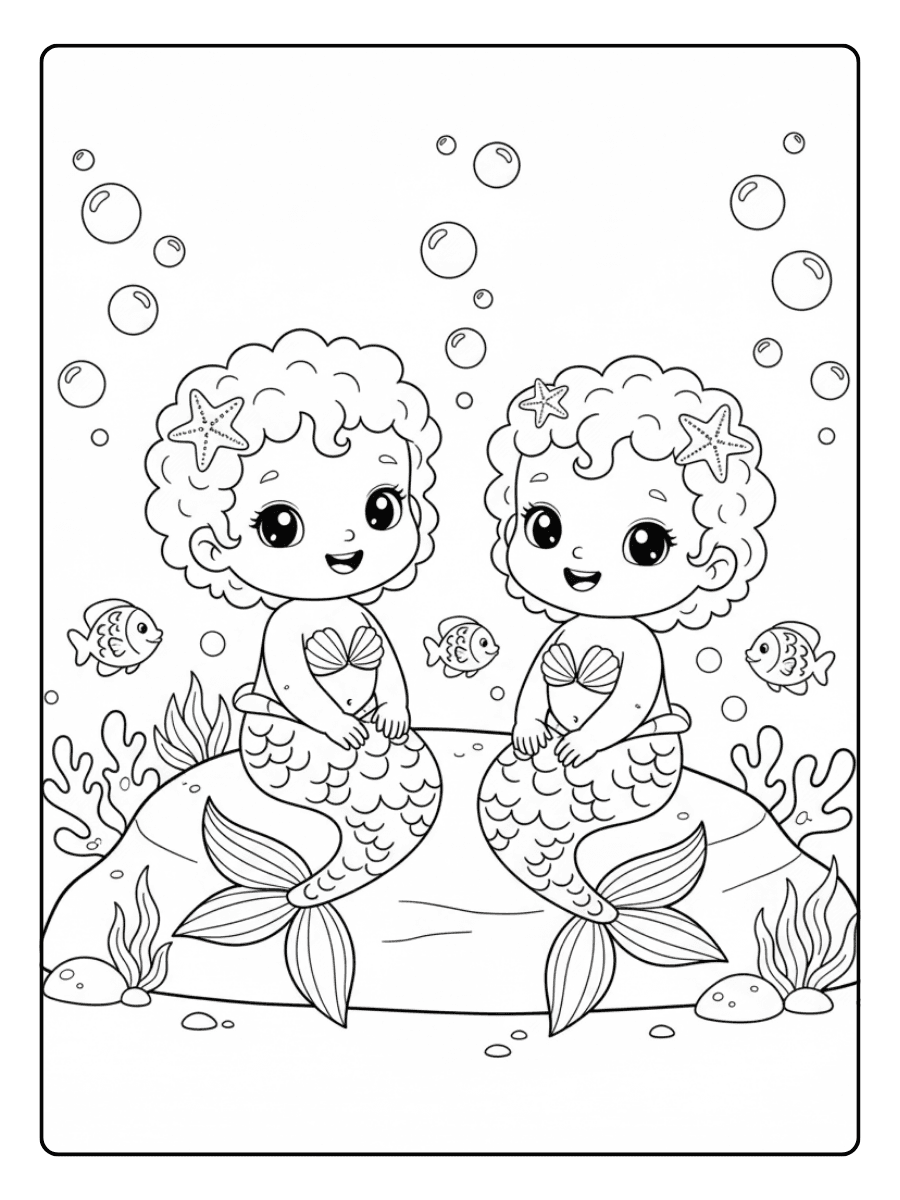 Cute Mermaid Coloring Pages – Baby Mermaid Twins