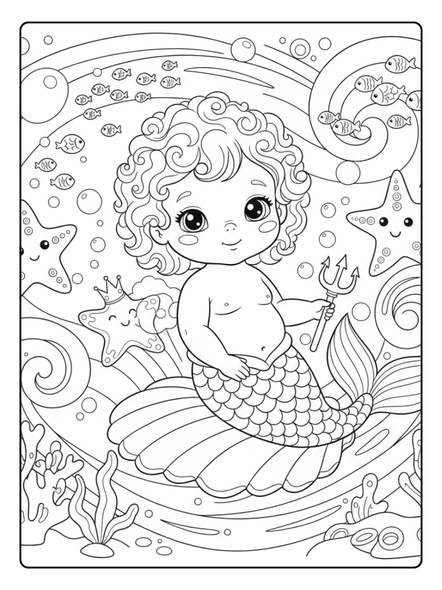 Cute Mermaid Coloring Pages – Baby Mermaid with Starfish Friends