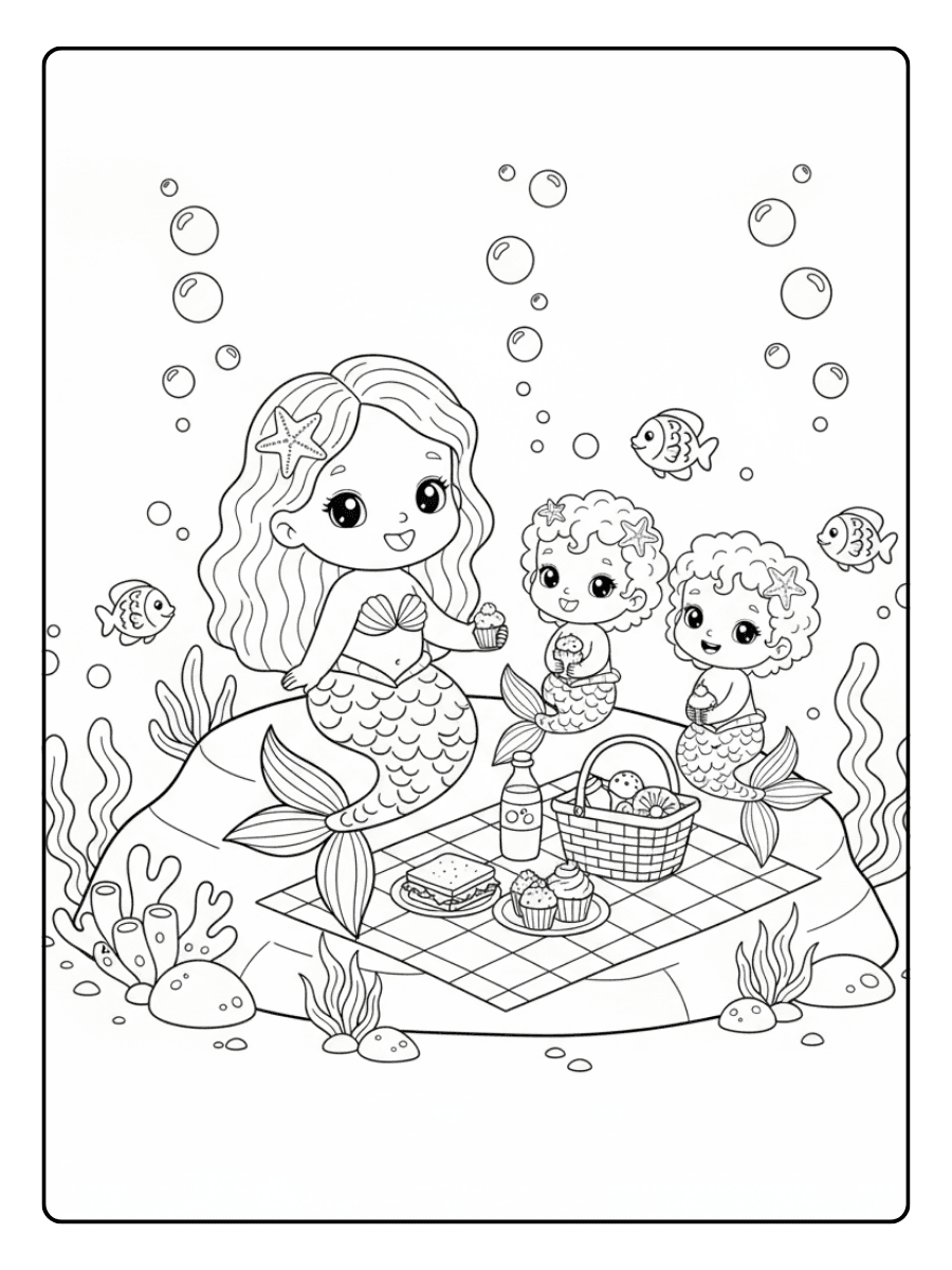 Cute Mermaid Coloring Pages – Mermaid Picnic Underwater