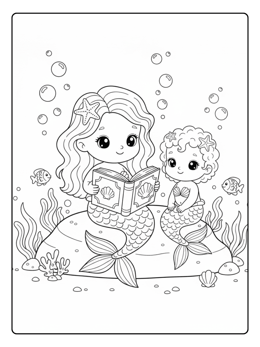 Cute Mermaid Coloring Pages – Mermaid Reading a Book