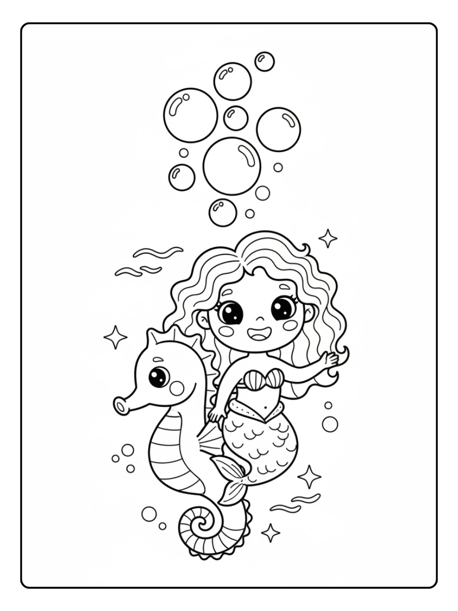 Cute Mermaid Coloring Pages – Mermaid Riding Seahorse Under Bubbles