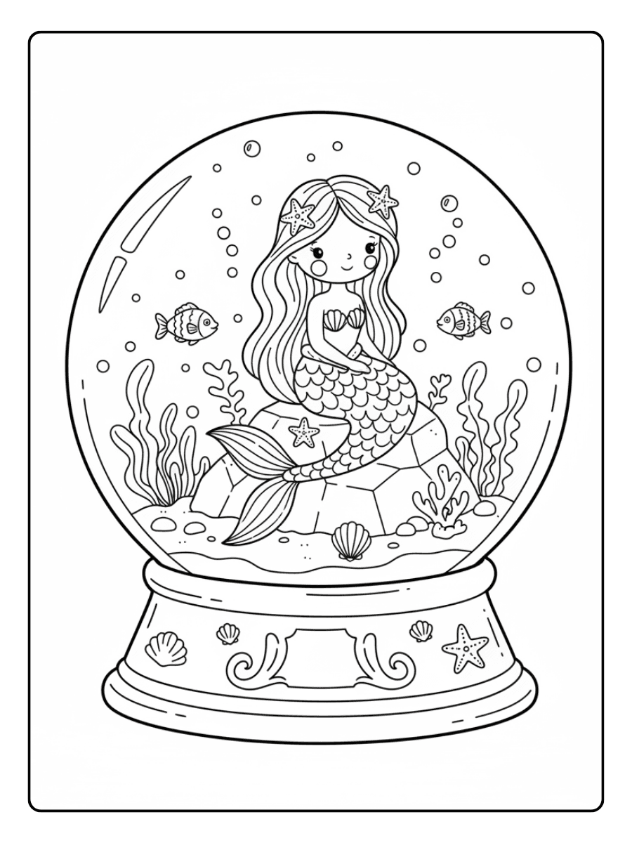 Cute Mermaid Coloring Pages – Mermaid Snow Globe Scene