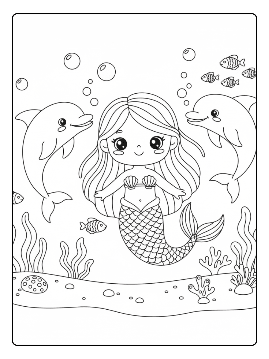 Cute Mermaid Coloring Pages – Mermaid Swimming with Dolphins