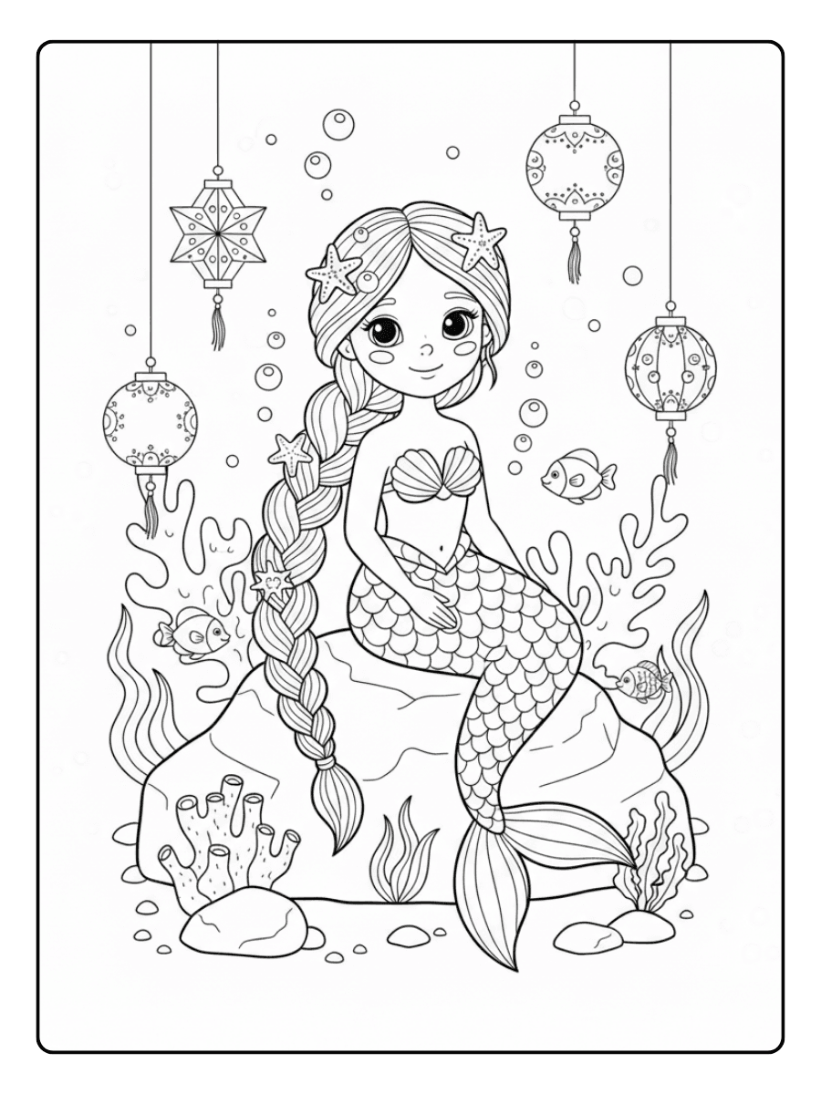 Cute Mermaid Coloring Pages – Mermaid with Floating Lanterns