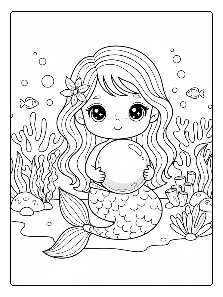 Cute Mermaid Coloring Pages – Mermaid with Giant Pearl
