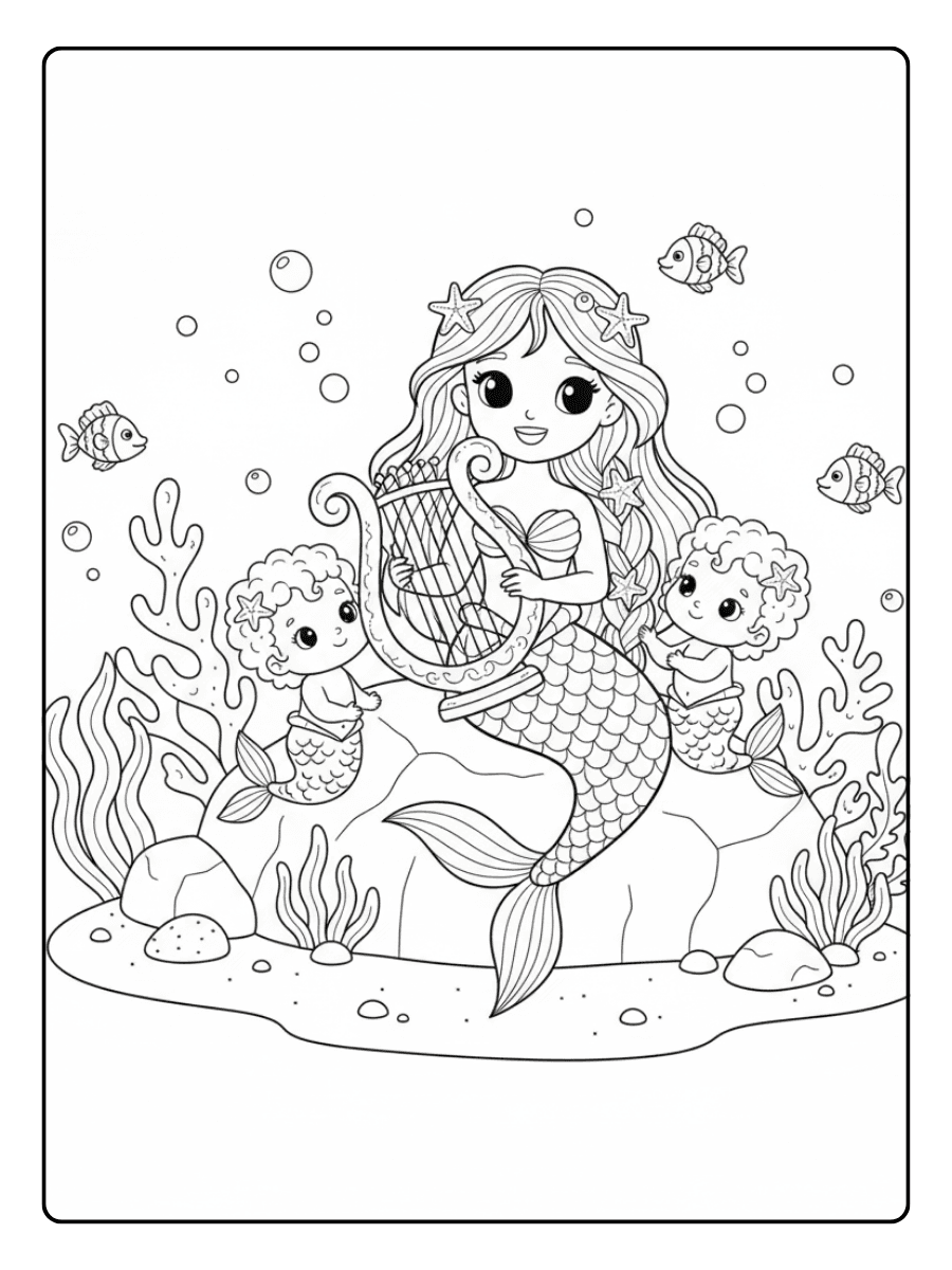 Cute Mermaid Coloring Pages – Mermaid with Harp