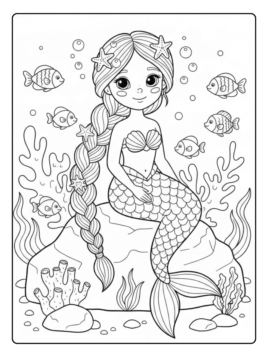 Cute Mermaid Coloring Pages – Mermaid with Long Braids