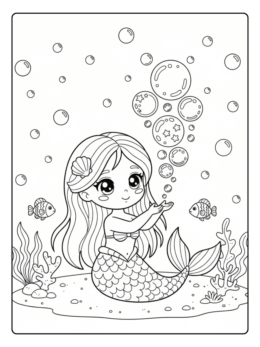 Cute Mermaid Coloring Pages – Mermaid with Magic Bubbles