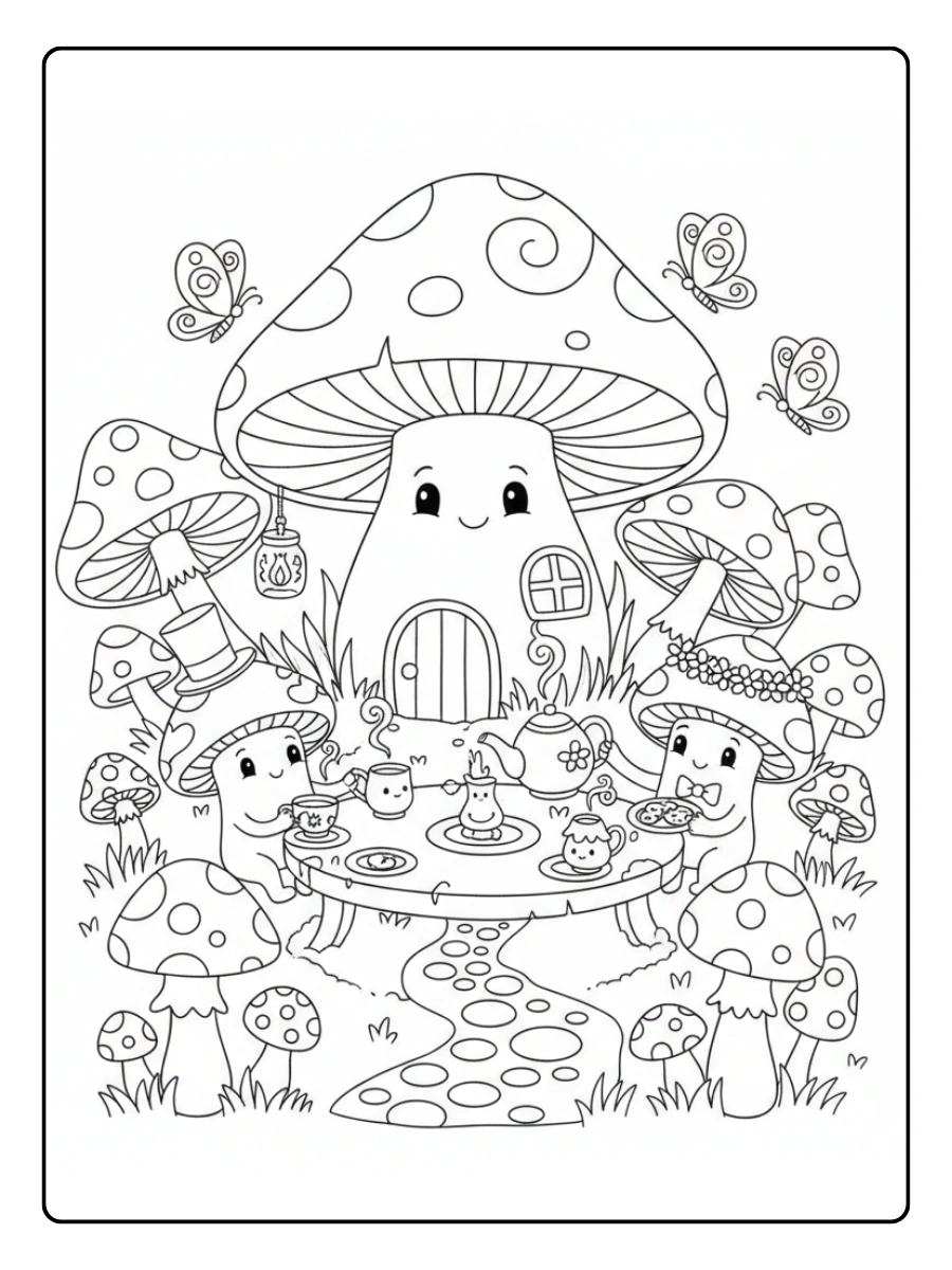 Cute Mushroom Coloring Pages – Magical Mushroom Tea Party