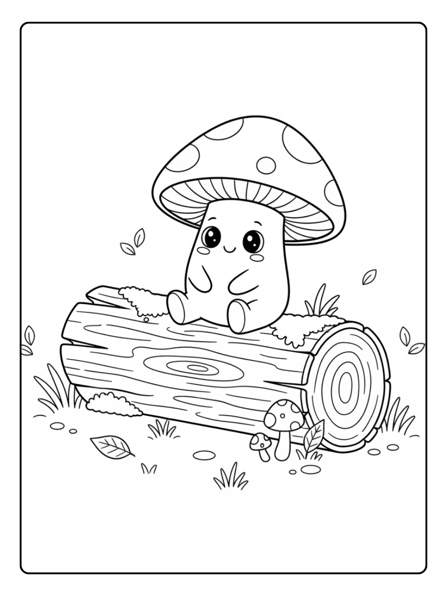 Cute Mushroom Coloring Pages – Mushroom on Log