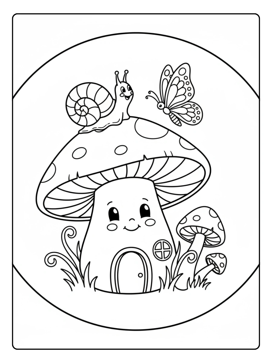Cute Mushroom Coloring Pages – Snail & Butterfly on Mushroom