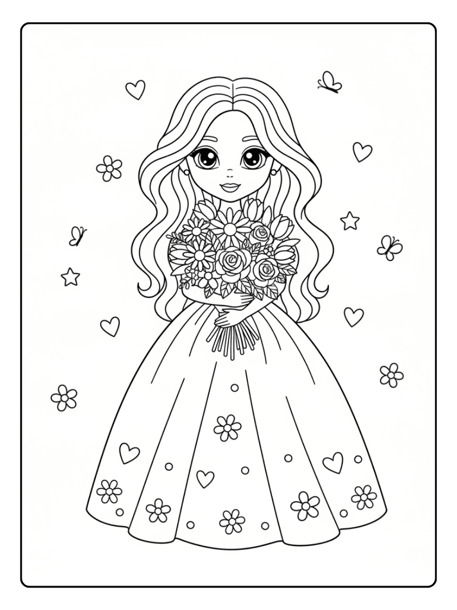 Cute Princess Coloring Pages – Princess Holding Flowers