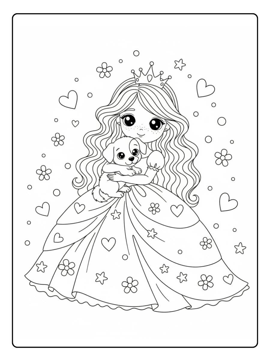 Cute Princess Coloring Pages – Princess with Cute Puppy