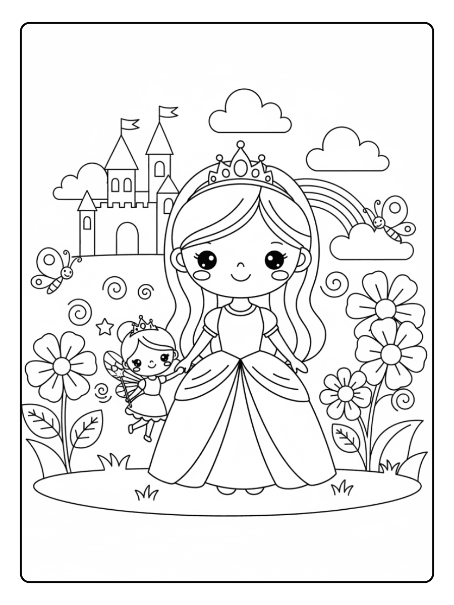 Cute Princess Coloring Pages – Princess with Fairy Friend