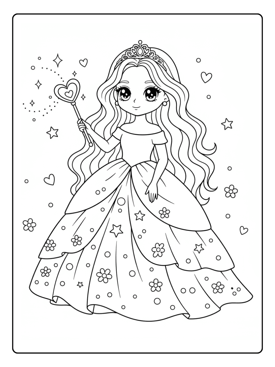 Cute Princess Coloring Pages – Princess with Heart Wand