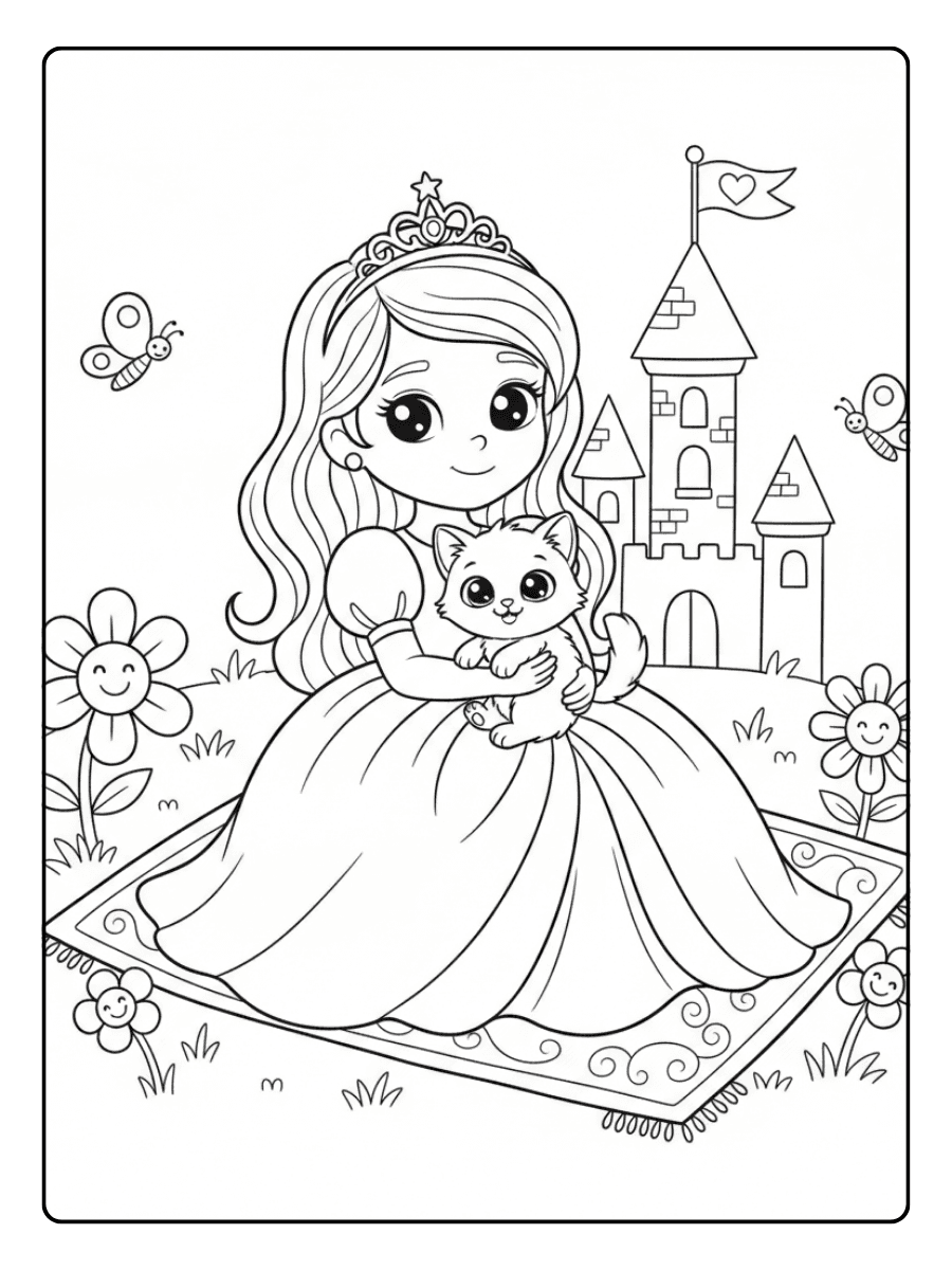 Cute Princess Coloring Pages – Princess with Kitten