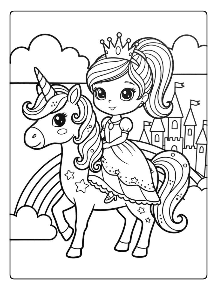Cute Princess Coloring Pages – Princess with Unicorn
