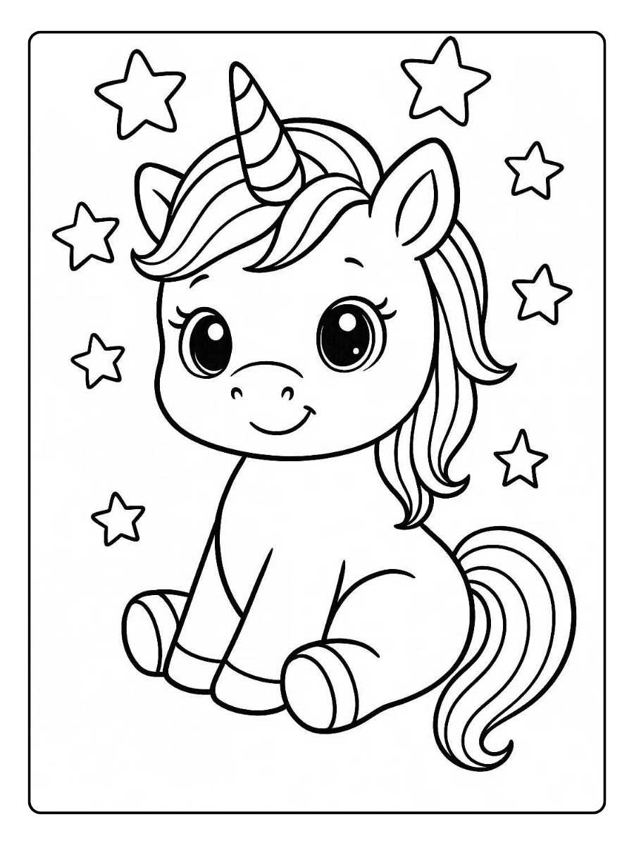 Cute Unicorn Coloring Page – Baby Unicorn with Stars