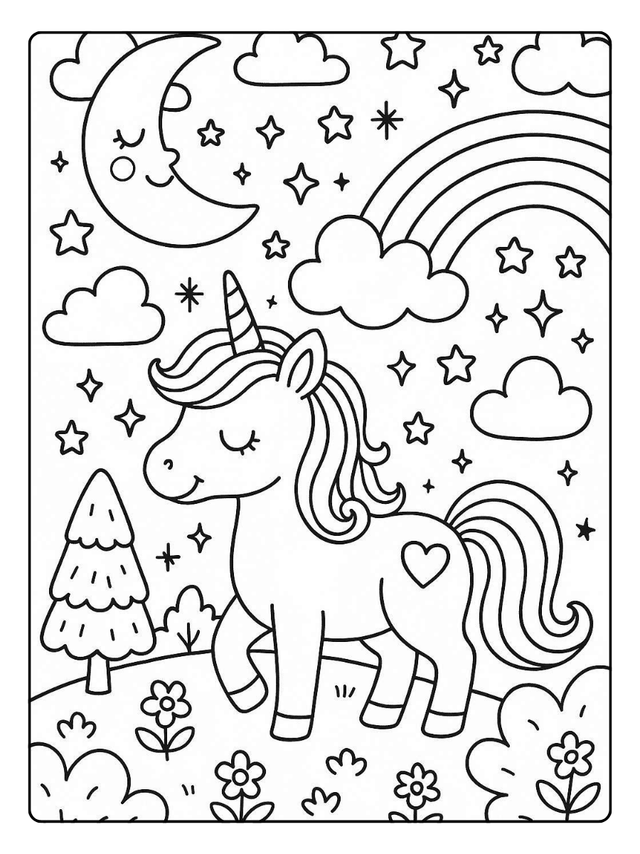 Cute Unicorn Coloring Page – Unicorn Dream World Scene