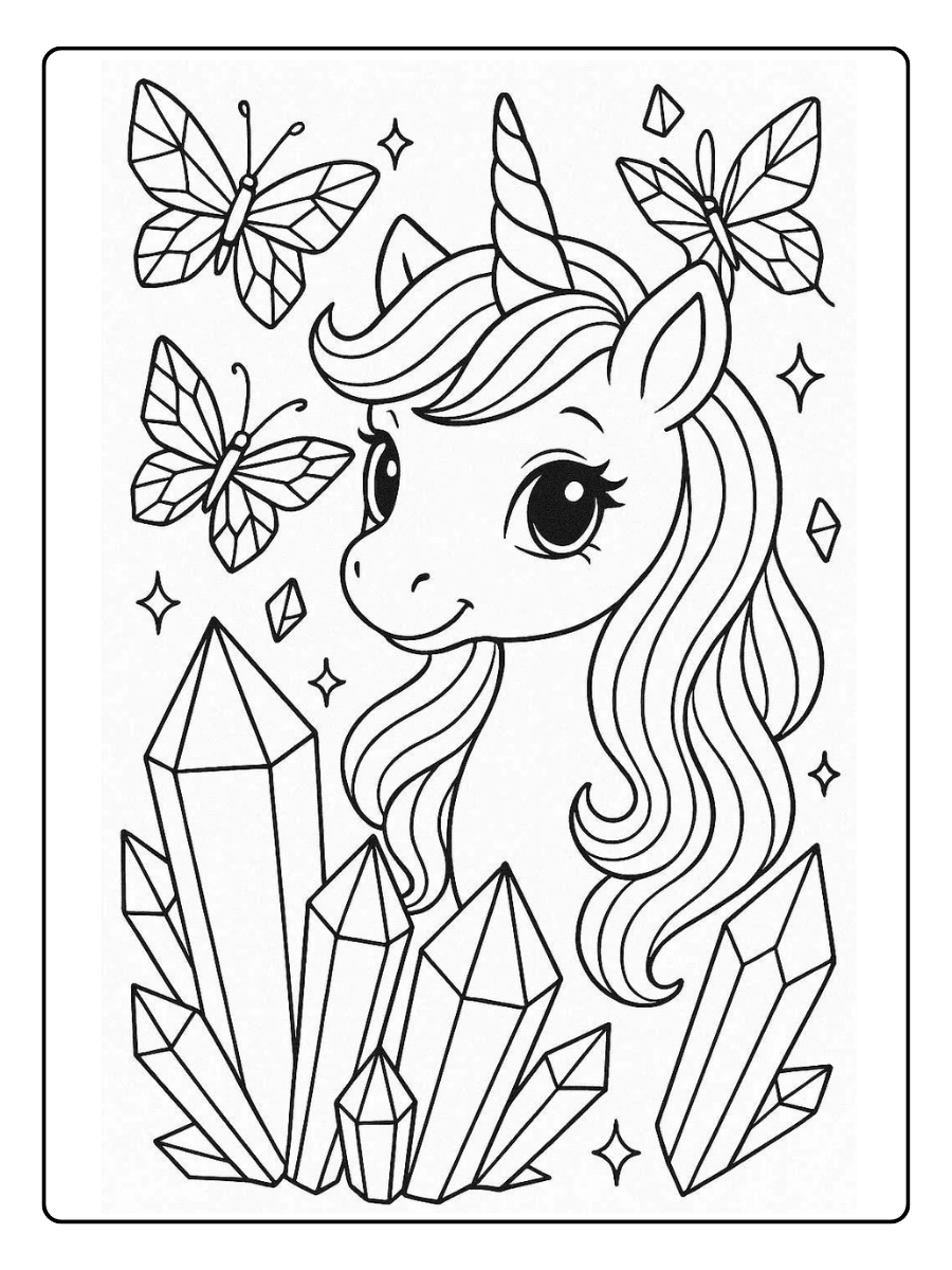 Cute Unicorn Coloring Page – Unicorn With Crystal Butterflies
