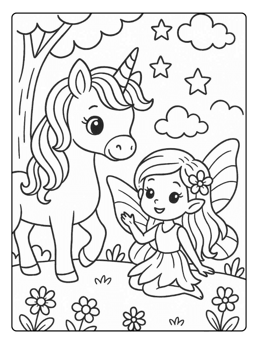 Cute Unicorn Coloring Page – Unicorn With Fairy Companion