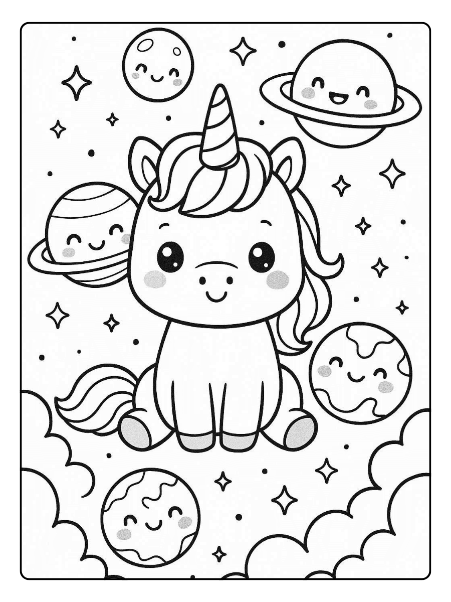 Cute Unicorn Coloring Page – Unicorn With Kawaii Planets
