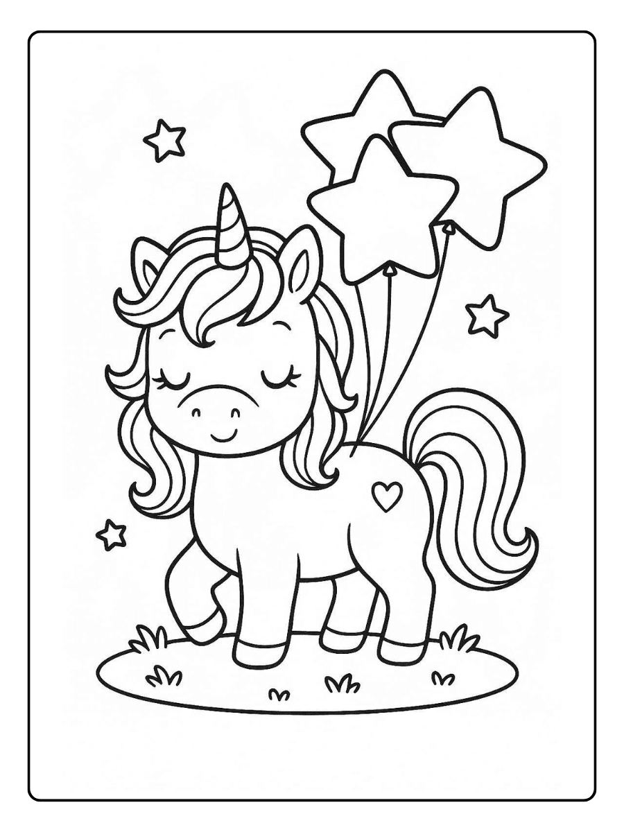 Cute Unicorn Coloring Page – Unicorn With Star Balloons