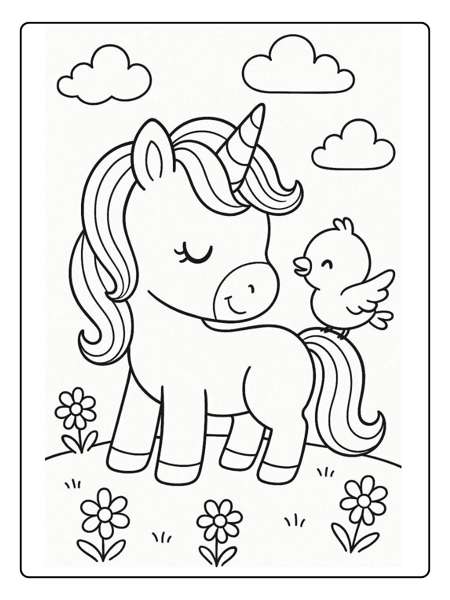 Cute Unicorn Coloring Page – Unicorn and Baby Bird