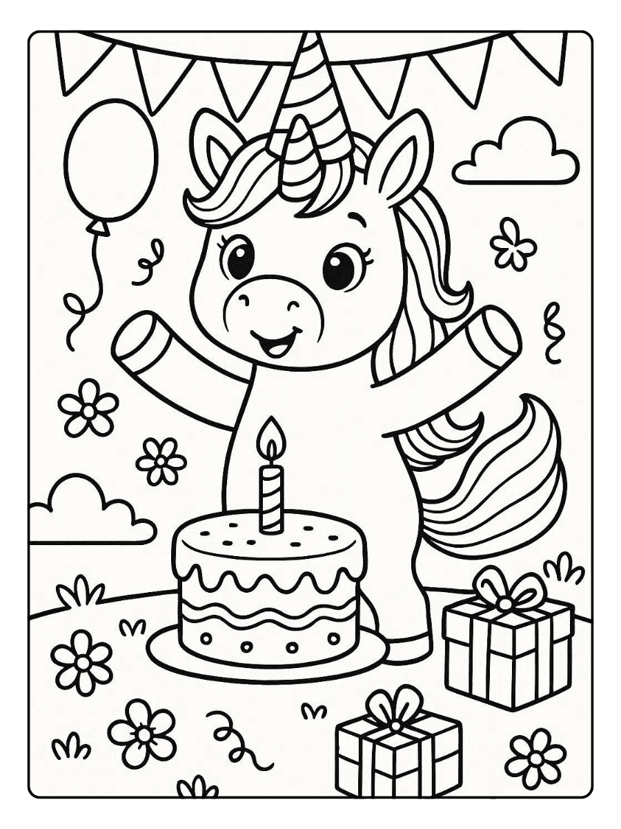 Cute Unicorn Coloring Page – Unicorn at Birthday Party
