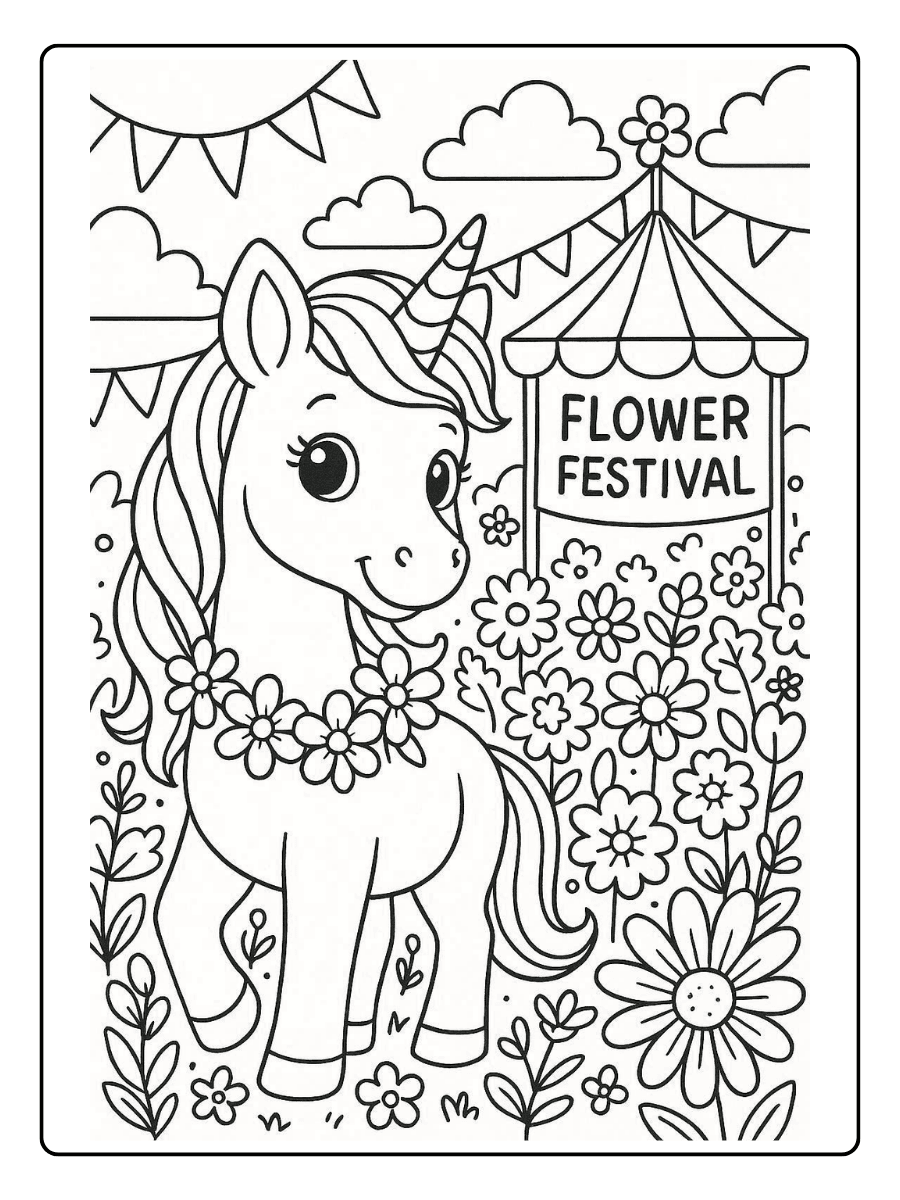 Cute Unicorn Coloring Page – Unicorn at Flower Festival