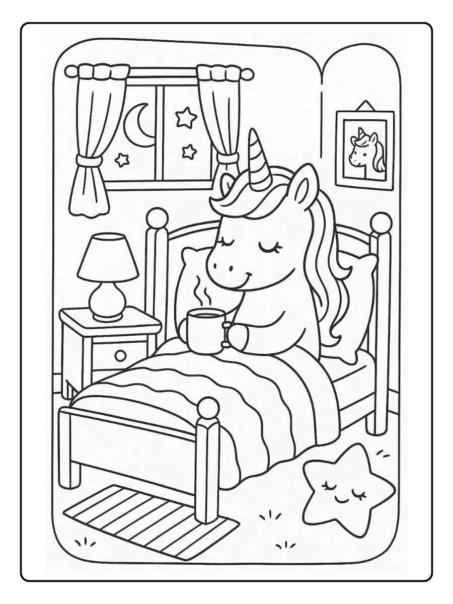 Cute Unicorn Coloring Page – Unicorn in Cozy Bedroom