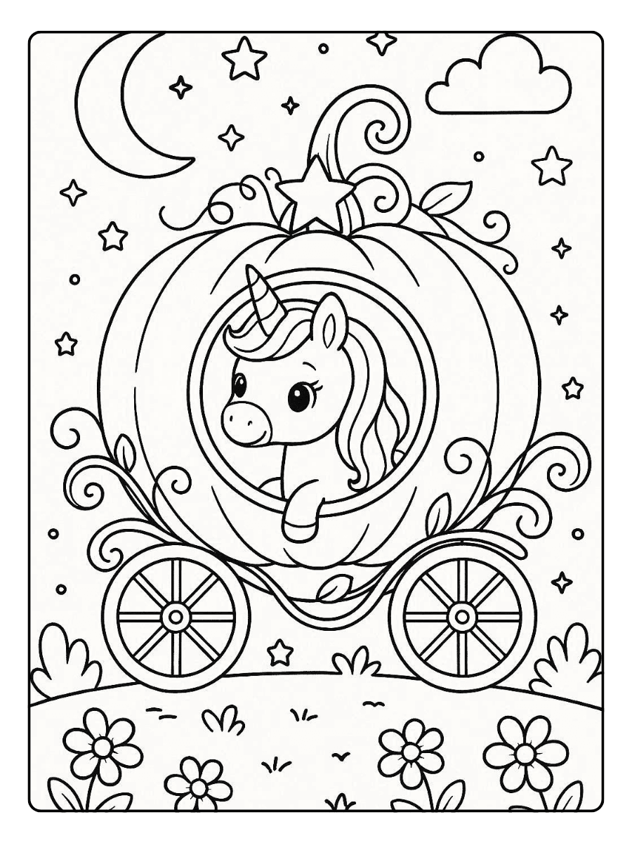 Cute Unicorn Coloring Page – Unicorn in Magical Pumpkin Carriage