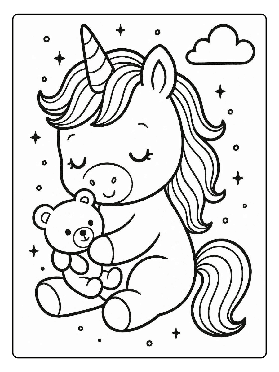 Cute Unicorn Coloring Page – Unicorn with Baby Teddy