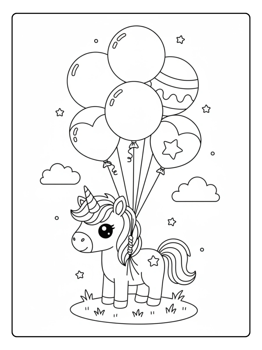 Cute Unicorn Coloring Pages – Baby Unicorn with Balloons